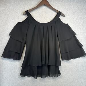 Hot in Hollywood Blouse Womens Medium Black Dark Sheer Cold Shoulder Ruffle